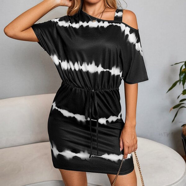 

Tie Dye Asymmetrical Neck Knot Dress, Black