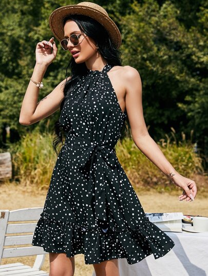 Vestido de lunares de espalda con abertura de ojo bajo con fruncido | SHEIN  USA