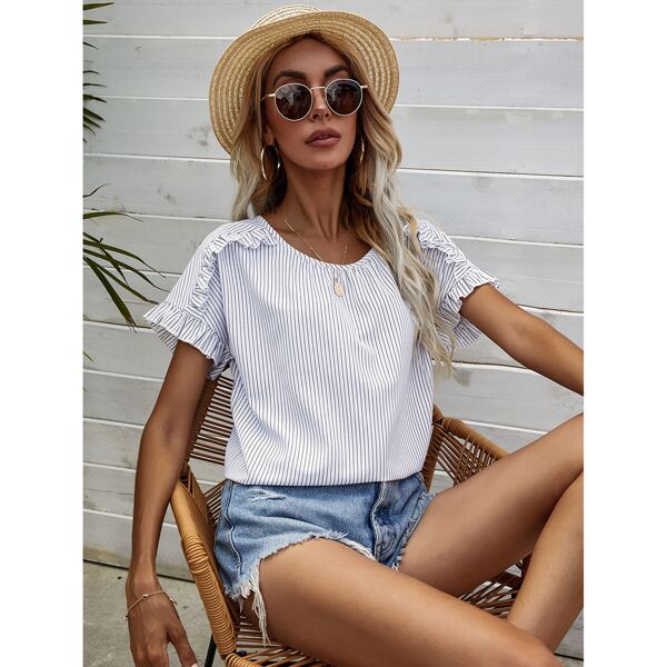 

Striped Keyhole Back Frill Trim Top, White