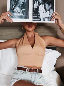 SHEIN Essnce Top unicolor de espalda abierta con cordón - Albaricoque - Ver 1