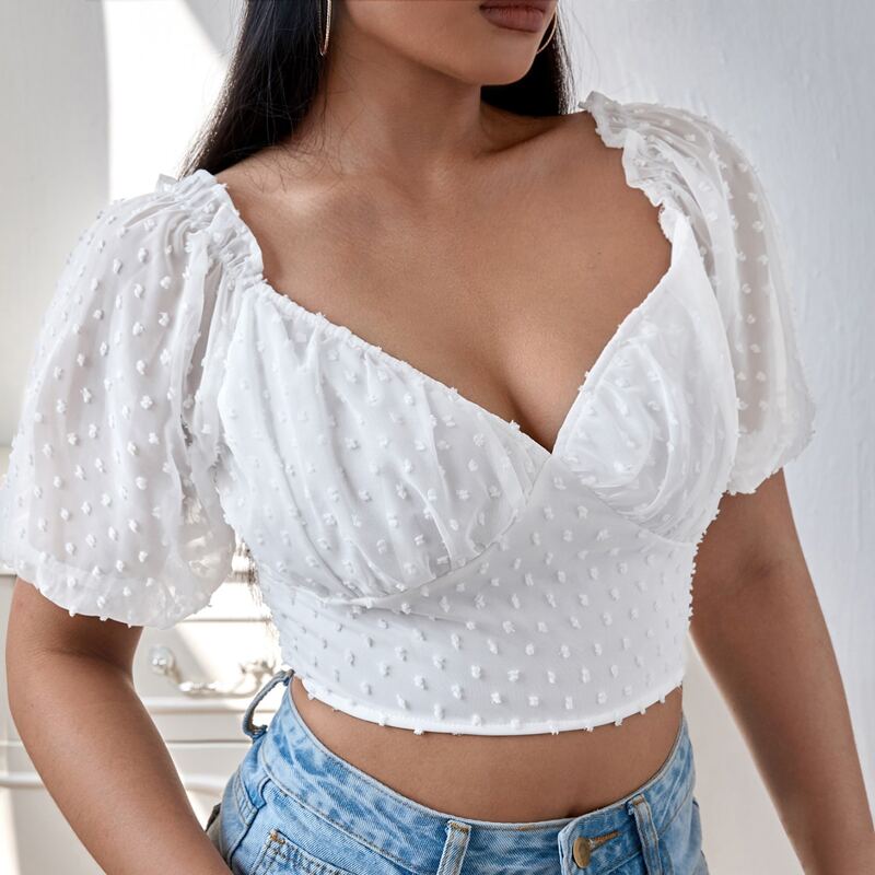 

Solid Swiss Dot Crop Blouse, White