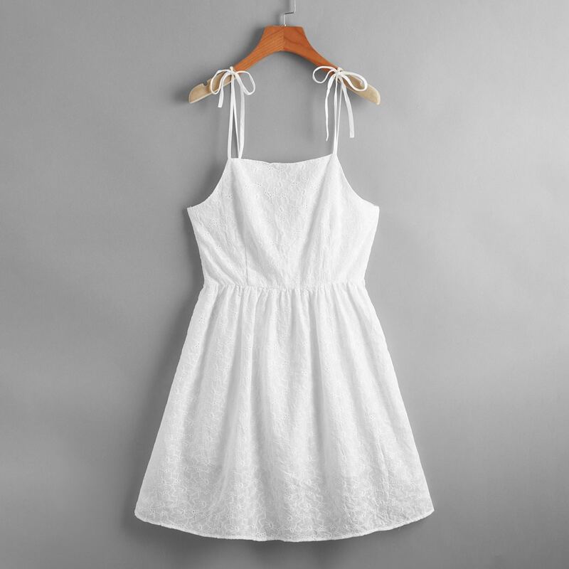 

Eyelet Embroidery Tie Shoulder Dress, White