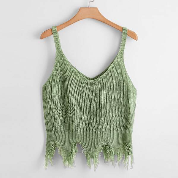 

Plus Solid Distressed Knit Top, Green