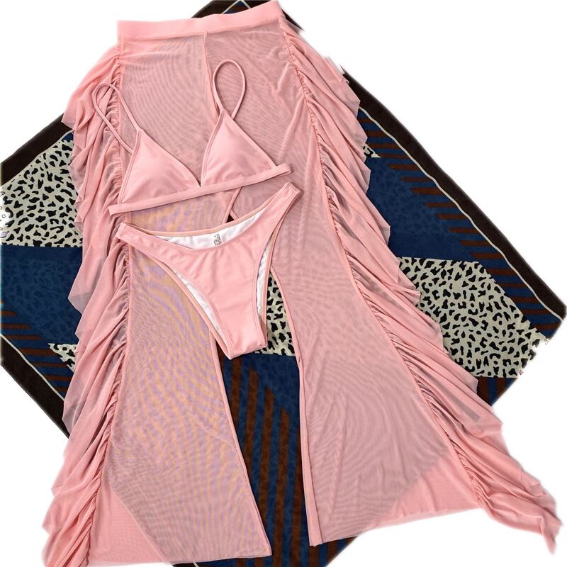 

3pack Triangle Bikini Swimsuit With Cover Up Pants, Pink