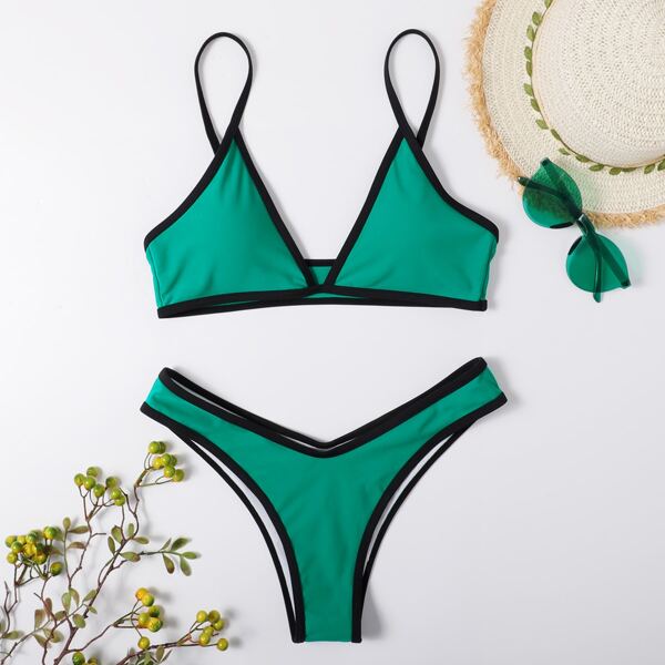 

Contrast Binding High Cut Bikini Swimsuit, Green