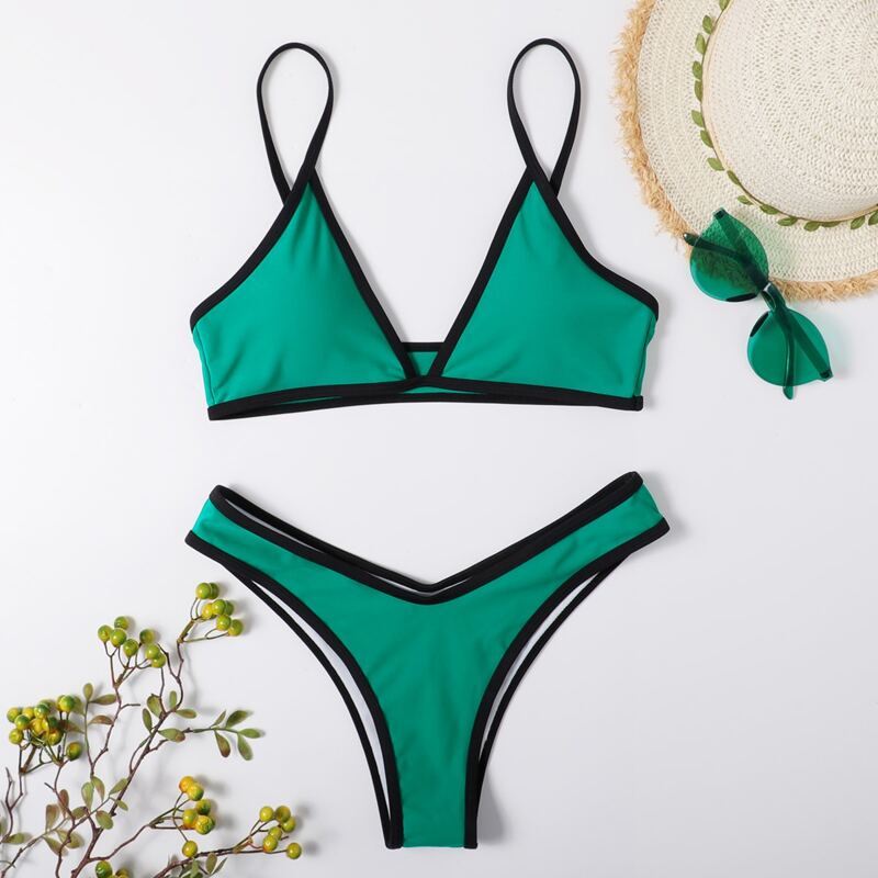 

Contrast Binding High Cut Bikini Swimsuit, Green