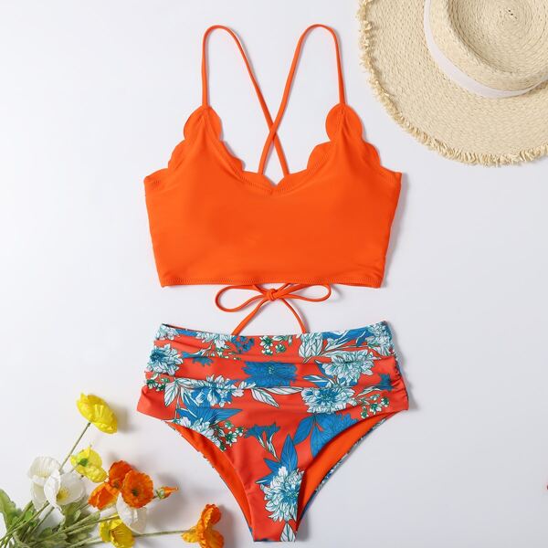 

Floral Print Scallop Trim Tie Back Bikini Swimsuit, Multicolor