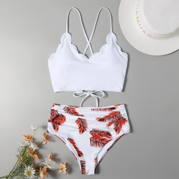 

Leaf Print Scallop Trim Tie Back Bikini Swimsuit, Multicolor