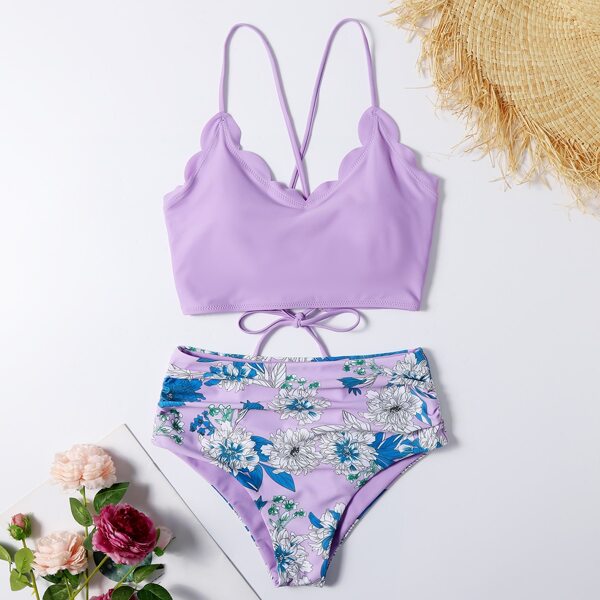 

Floral Print Scallop Trim Tie Back Bikini Swimsuit, Multicolor