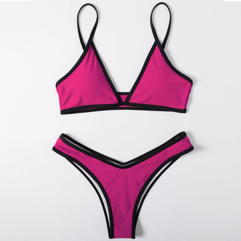 

Contrast Binding High Cut Bikini Swimsuit, Hot pink