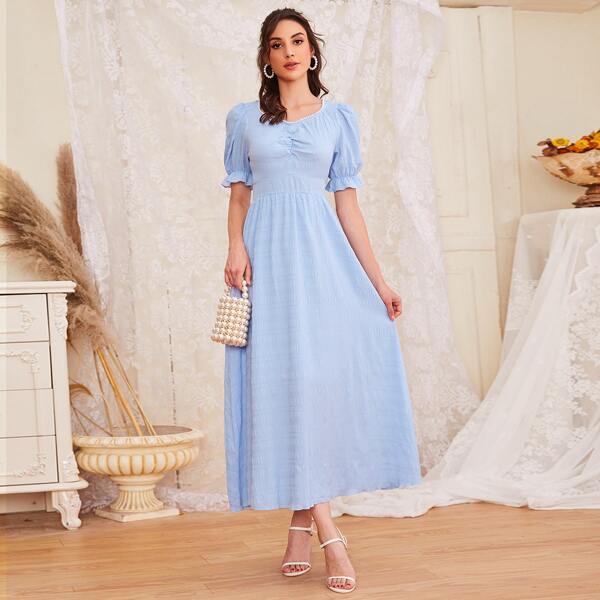 

Textured Pearls Puff Sleeve A-line Dress, Baby blue