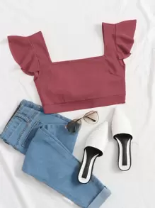 SHEIN Essnce Square Neck Tie Back Ruffle Trim Crop Top - Rose Red - View 1