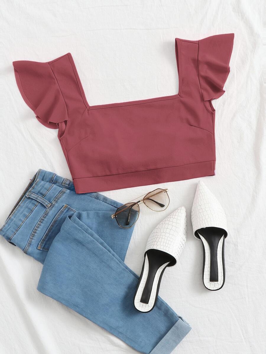 SHEIN Essnce Square Neck Tie Back Ruffle Trim Crop Top - Rose Red - View 1