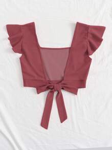 SHEIN Essnce Square Neck Tie Back Ruffle Trim Crop Top - Rose Red - View 2