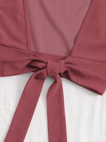 SHEIN Essnce Square Neck Tie Back Ruffle Trim Crop Top - Rose Red - View 3