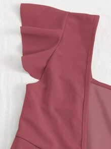 SHEIN Essnce Square Neck Tie Back Ruffle Trim Crop Top - Rose Red - View 4