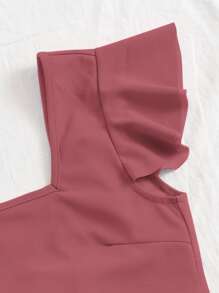 SHEIN Essnce Square Neck Tie Back Ruffle Trim Crop Top - Rose Red - View 5