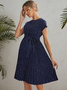 SHEIN Maternity Self Belted Polka Dot Pleated Dress - Navy Blue - View 1