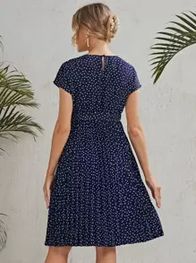SHEIN Maternity Self Belted Polka Dot Pleated Dress - Navy Blue - View 2
