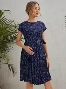 SHEIN Maternity Self Belted Polka Dot Pleated Dress - Navy Blue - View 3