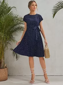SHEIN Maternity Self Belted Polka Dot Pleated Dress - Navy Blue - View 4
