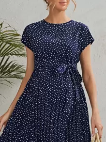 SHEIN Maternity Self Belted Polka Dot Pleated Dress - Navy Blue - View 5
