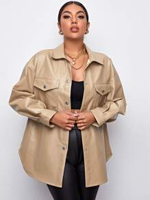 SHEIN Coolane Flap Pocket Front Drop Shoulder PU Leather Coat - Khaki - View 1