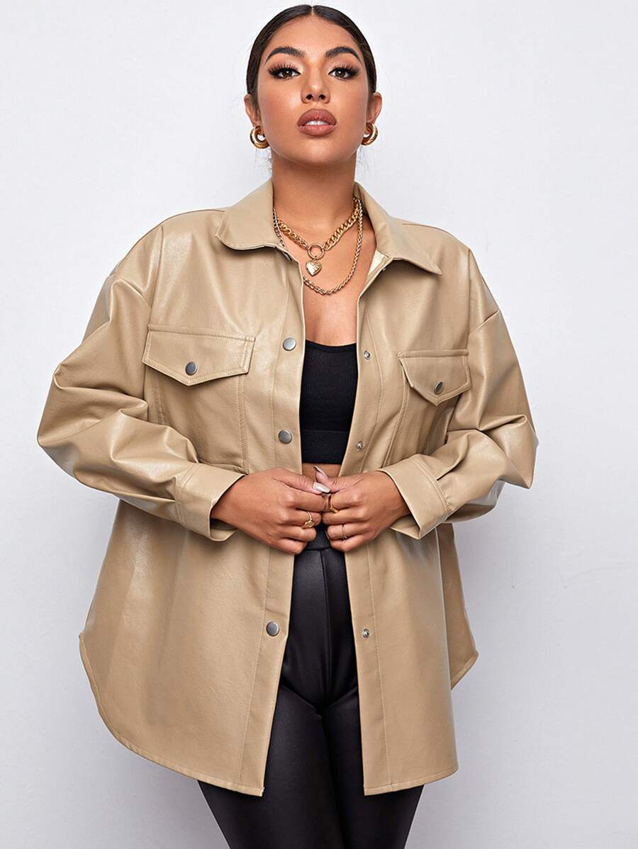 SHEIN Coolane Flap Pocket Front Drop Shoulder PU Leather Coat - Khaki - View 1