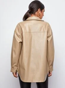 SHEIN Coolane Flap Pocket Front Drop Shoulder PU Leather Coat - Khaki - View 2