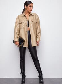 SHEIN Coolane Flap Pocket Front Drop Shoulder PU Leather Coat - Khaki - View 3