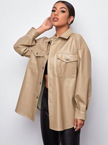 SHEIN Coolane Flap Pocket Front Drop Shoulder PU Leather Coat - Khaki - View 4