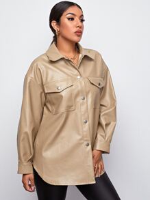 SHEIN Coolane Flap Pocket Front Drop Shoulder PU Leather Coat - Khaki - View 5