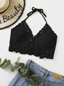 SHEIN Swim Top bikini de croché de espalda abierta con cordón - Negro - Ver 1