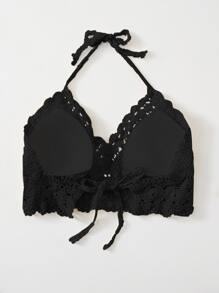 SHEIN Swim Top bikini de croché de espalda abierta con cordón - Negro - Ver 2