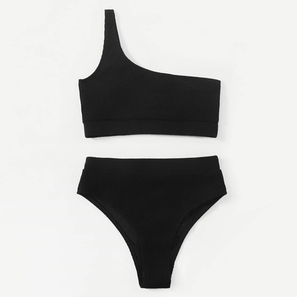 

Rib One Shoulder Bikini Swimsuit, Black