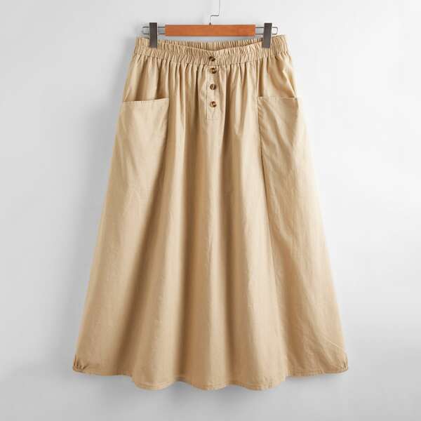 

Plus Solid Dual Pockets Flared Skirt, Khaki