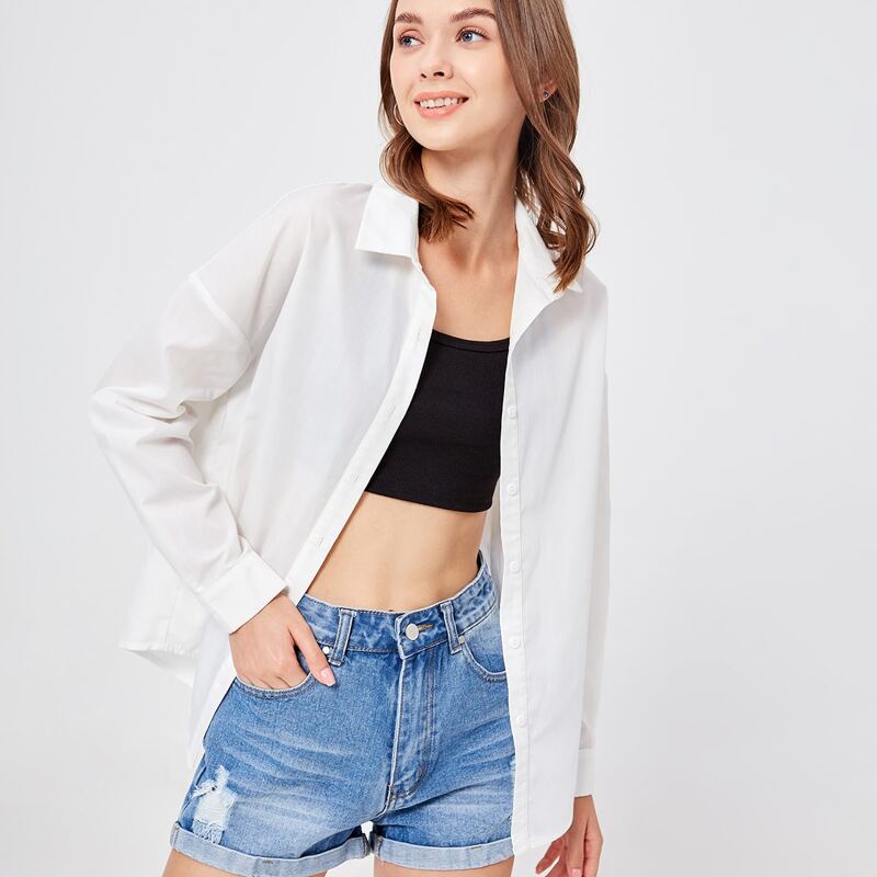 

Solid Button Front Blouse, White
