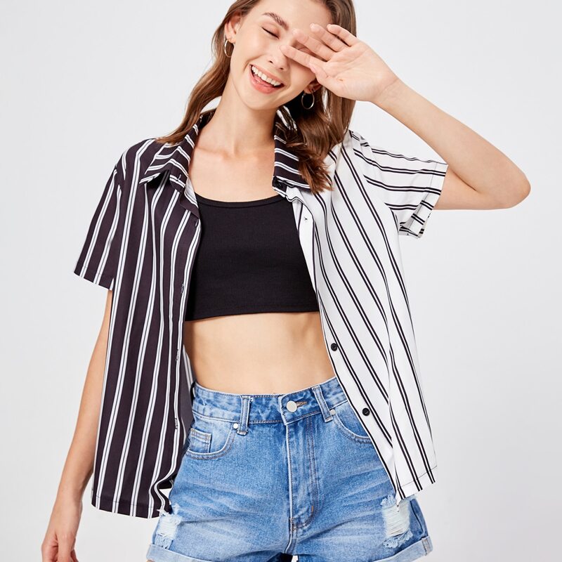 

Striped Colorblock Button Front Blouse, Black and white