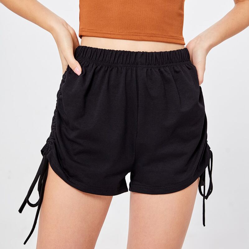 

Solid Drawstring Ruched Shorts, Black