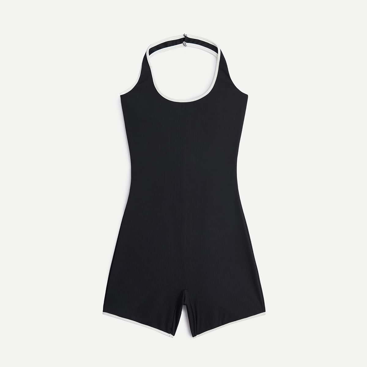 

Contrast Binding Ribbed Unitard Jumpsuit, Black