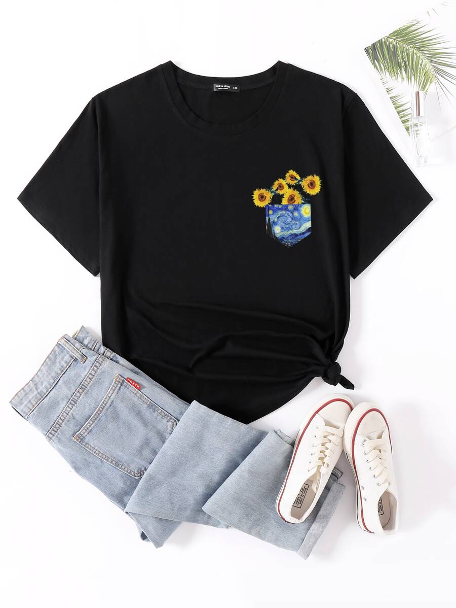 Áo thun Plus size Túi Hoa Giải trí - màu đen - Xem 1