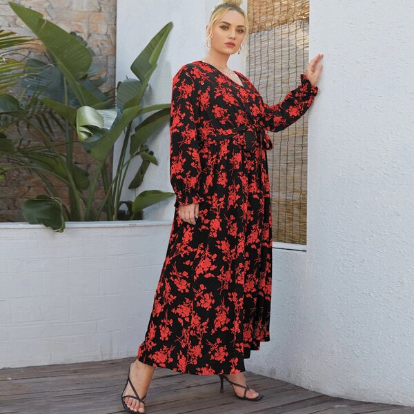 

Plus Floral Surplice Front Belted Maxi Dress, Multicolor