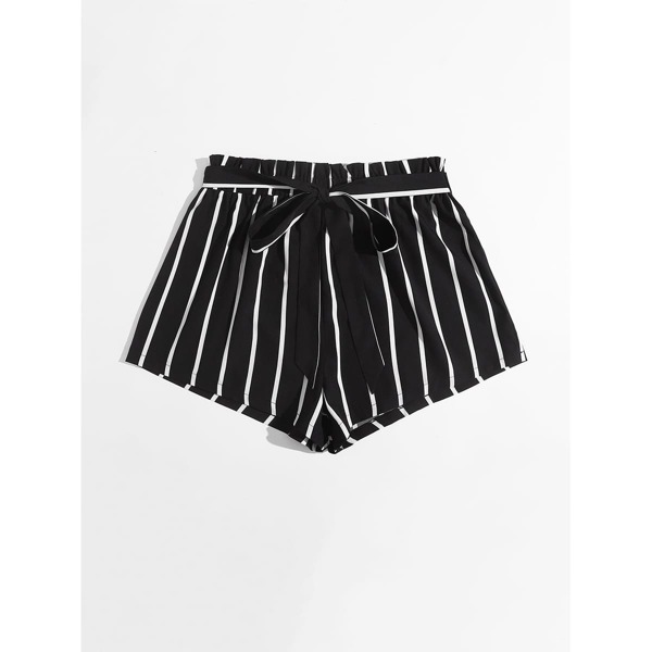 

Plus Striped Belted Paper Bag Waist Shorts, Black