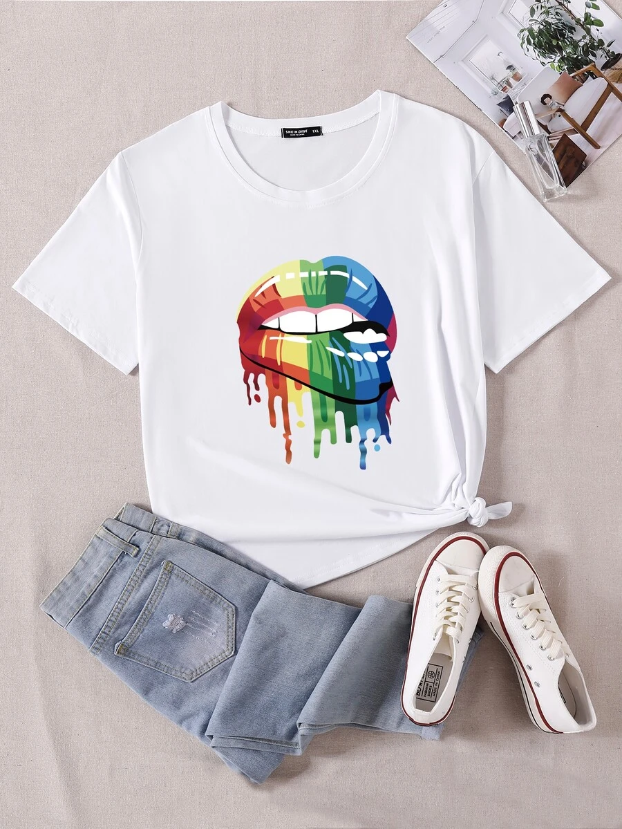 Camiseta con estampado de labios y goteado de pintura - Blanco - Ver 1