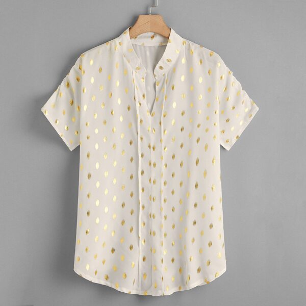 

Plus Gold Print Notch Collar Blouse, Apricot