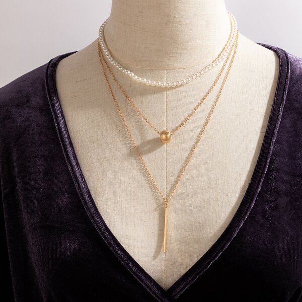 

Faux Pearl Layered Necklace, Gold