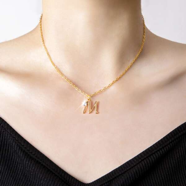 

Rhinestone Letter Charm Necklace, Gold