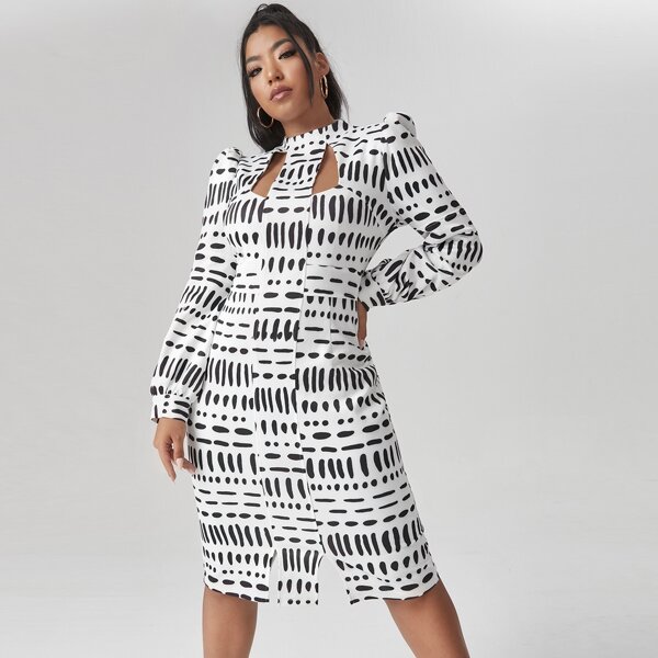 

Plus Dalmatian Print Gigot Sleeve Peekaboo Dress, Multicolor