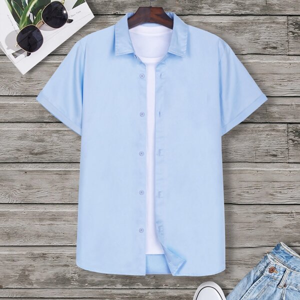 

Men Button Front Solid Shirt, Baby blue