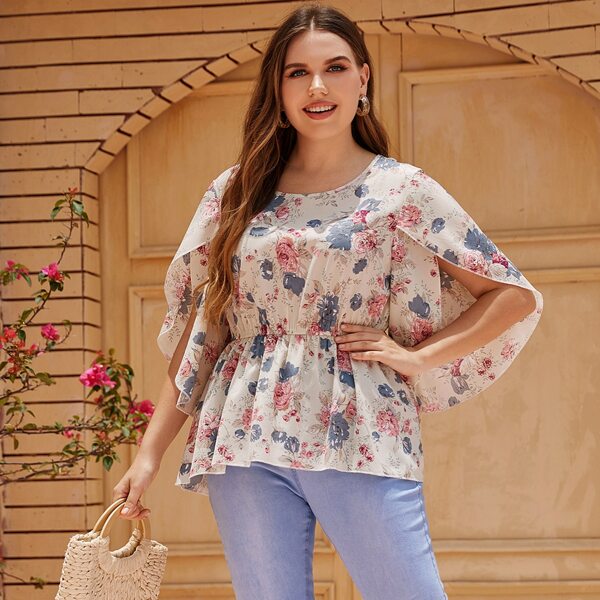 

Plus Allover Floral Print Petal Sleeve Peplum Blouse, Multicolor